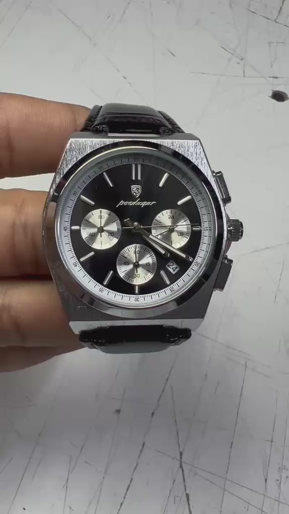 Video reloj POEDAGAR 970B CUERO plata con esfera negra